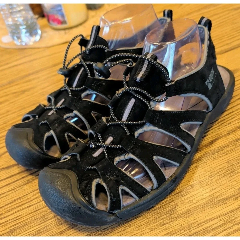 Men's ALPINE DESIGN Black Suede Leather Gray Trim Hiking Sandals Size 9